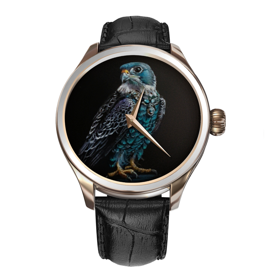 Introducing the B360 watch brand: Regal elegance embodied. The watch features a hand-painted falcon on the dial, a masterpiece of artistry with vibrant colors. Power, grace, and luxury converge in this exceptional timepiece. Own a unique statement of sophistication with the B360 watch, where majestic allure meets horological excellence.