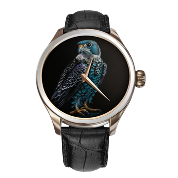 Introducing the B360 watch brand: Regal elegance embodied. The watch features a hand-painted falcon on the dial, a masterpiece of artistry with vibrant colors. Power, grace, and luxury converge in this exceptional timepiece. Own a unique statement of sophistication with the B360 watch, where majestic allure meets horological excellence.