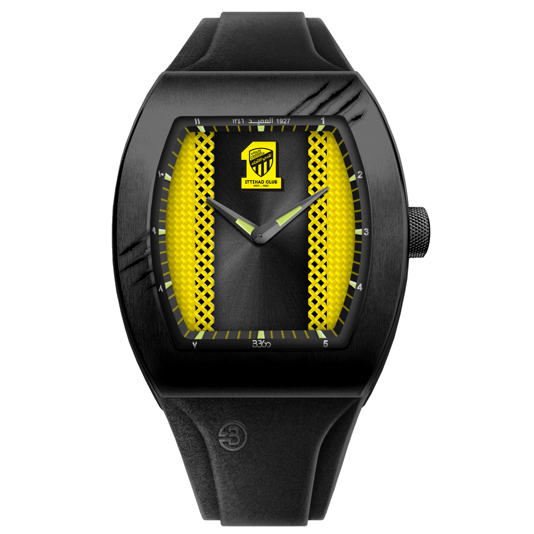 Limited-edition Al Ittihad x B360 watch featuring an enameled dial with embossed textures, iconic yellow accents, and a tiger scratch engraving on the case. A tribute to 97 years of legacy, crafted for true champions.