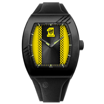 Limited-edition Al Ittihad x B360 watch featuring an enameled dial with embossed textures, iconic yellow accents, and a tiger scratch engraving on the case. A tribute to 97 years of legacy, crafted for true champions.