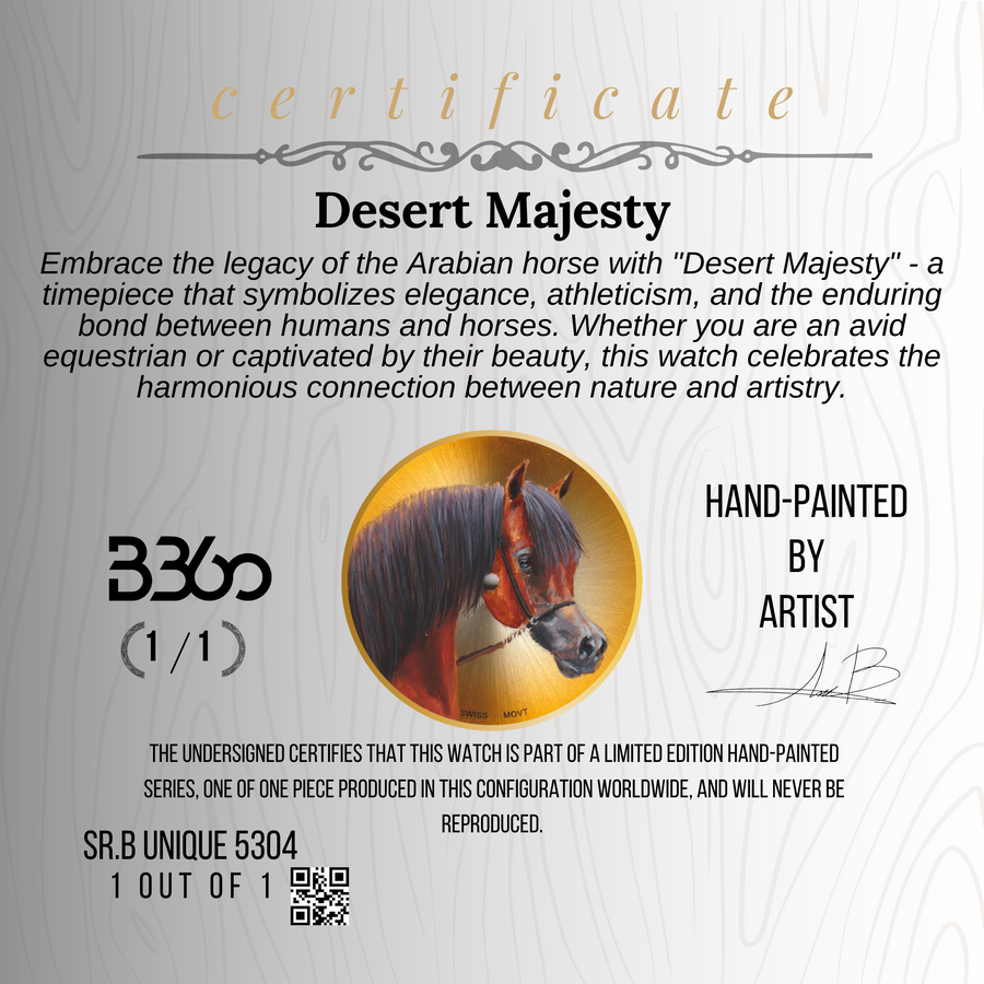 A luxurious B360 watch featuring a hand-painted depiction of a brown, golden, and black-haired Arabian horse on the dial. The elegant horse showcases its distinctive dished face, large wide-set eyes, and an arched tail, embodying grace and athleticism. This exquisite timepiece captures the timeless allure of the Arabian breed, symbolizing the harmonious bond between humans and horses.