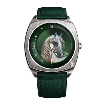 Hand-painted depictions of iconic racehorses Aravila and Doutelle, symbolizing speed, elegance, and royal heritage.