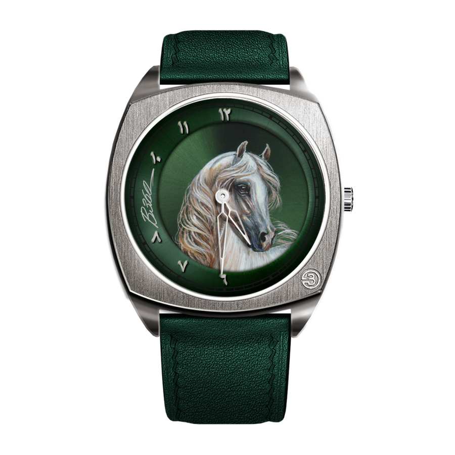 Hand-painted depictions of iconic racehorses Aravila and Doutelle, symbolizing speed, elegance, and royal heritage.