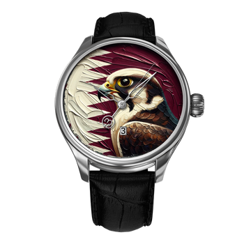 A luxury watch from the B360 Qatar Vision Limited Edition Collection, featuring an artist-crafted falcon design set against the Qatari flag. The watch has a stainless steel case with a black leather strap and showcases a three-dimensional dial with intricate details. Only ten pieces are available, each powered by a Swiss automatic movement.