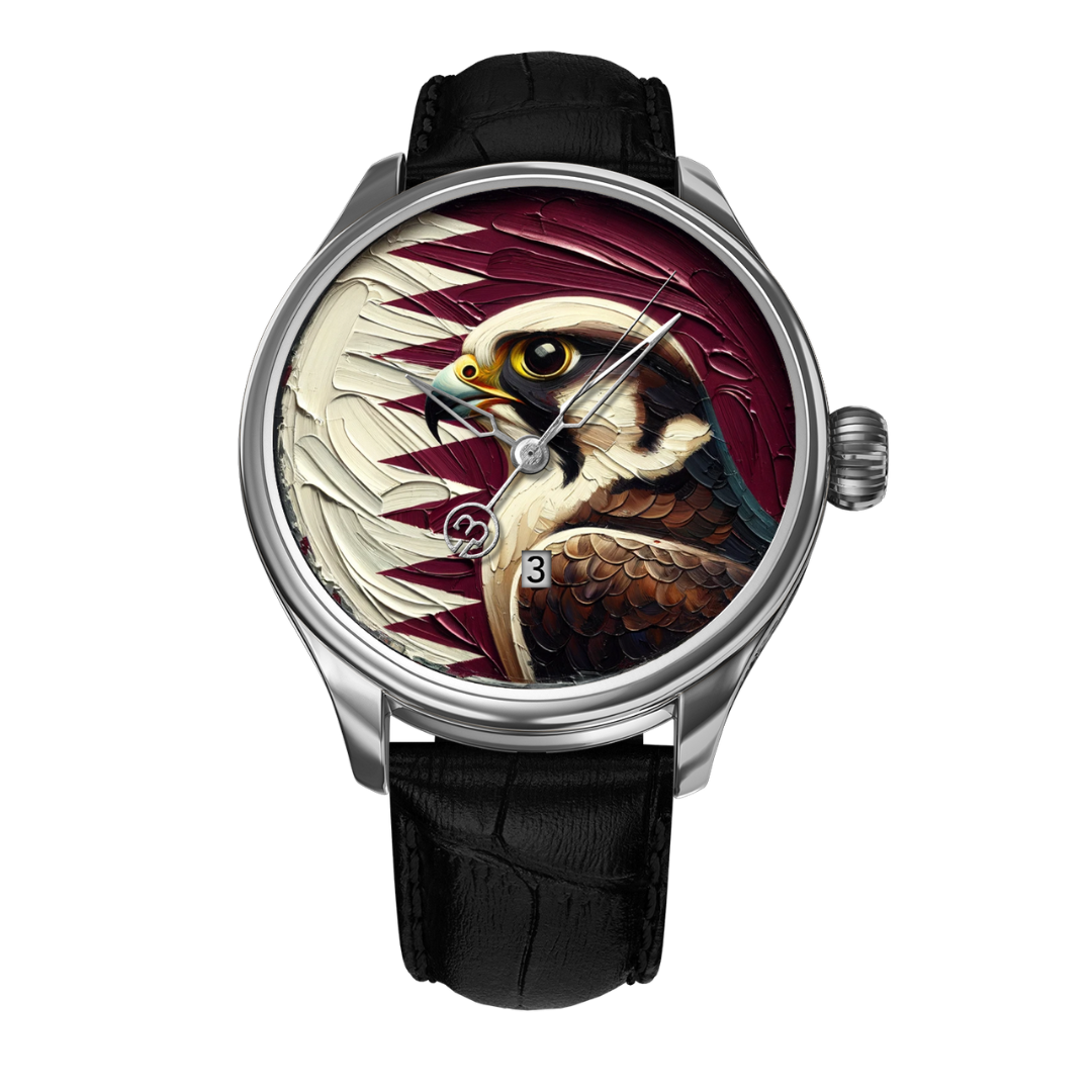 A luxury watch from the B360 Qatar Vision Limited Edition Collection, featuring an artist-crafted falcon design set against the Qatari flag. The watch has a stainless steel case with a black leather strap and showcases a three-dimensional dial with intricate details. Only ten pieces are available, each powered by a Swiss automatic movement.