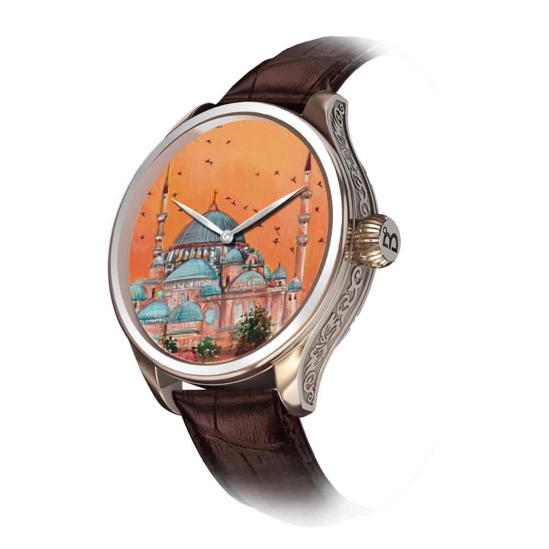 B360-WATCHES.B360-WATCHES.Hagia Sophia Sunset Edition' watch captures the stunning architectural beauty of the Hagia Sophia Mosque in Istanbul, Turkey, against a breathtaking sunset backdrop, with flying birds in the sky.