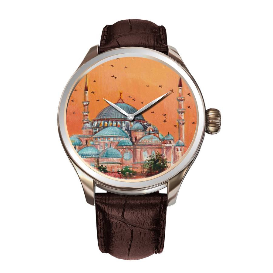 B360-WATCHES.Hagia Sophia Sunset Edition' watch captures the stunning architectural beauty of the Hagia Sophia Mosque in Istanbul, Turkey, against a breathtaking sunset backdrop, with flying birds in the sky.
