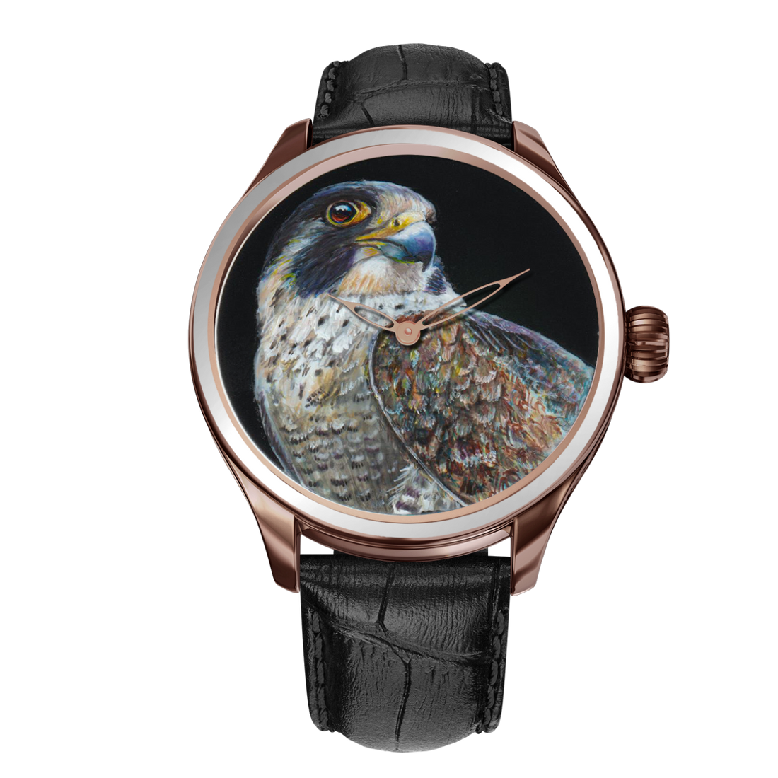 A collection of exquisite B360 wristwatches from the B Unique line, each featuring intricate hand-painted designs that pay tribute to the beauty and majesty of falcons. These unique timepieces are bespoke works of art, reflecting the individuality and style of their wearers