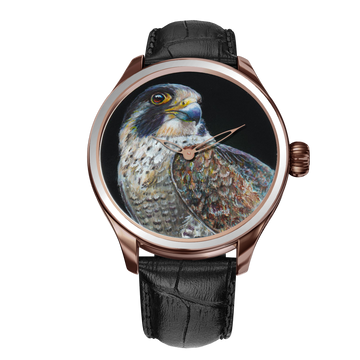 A collection of exquisite B360 wristwatches from the B Unique line, each featuring intricate hand-painted designs that pay tribute to the beauty and majesty of falcons. These unique timepieces are bespoke works of art, reflecting the individuality and style of their wearers