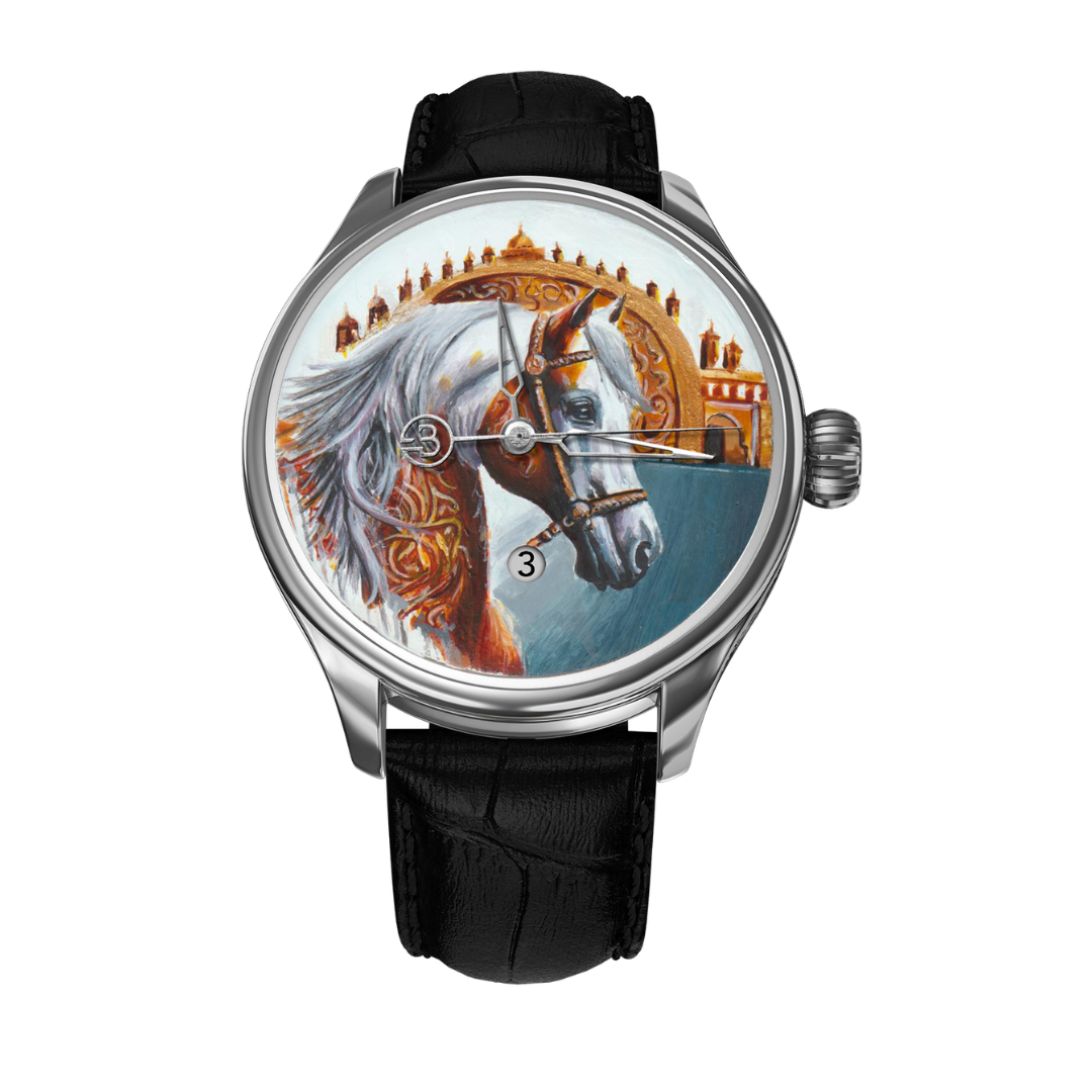 A hand-painted watch by B360 Watch featuring an Andalusian horse on the dial. The watch face showcases intricate details of the horse's flowing mane and expressive eyes, set against the iconic arches of the Alhambra and the Mezquita of Cordoba