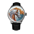 A hand-painted watch by B360 Watch featuring an Andalusian horse on the dial. The watch face showcases intricate details of the horse's flowing mane and expressive eyes, set against the iconic arches of the Alhambra and the Mezquita of Cordoba