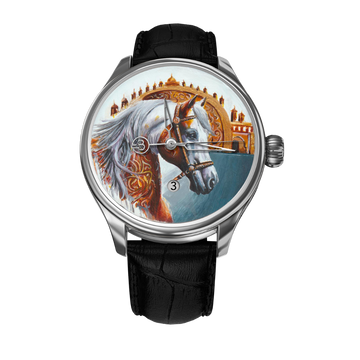 A hand-painted watch by B360 Watch featuring an Andalusian horse on the dial. The watch face showcases intricate details of the horse's flowing mane and expressive eyes, set against the iconic arches of the Alhambra and the Mezquita of Cordoba