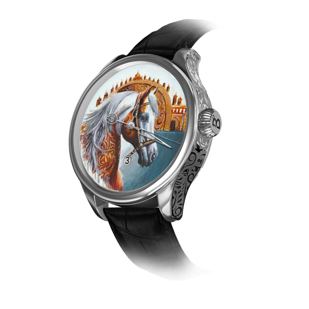 A hand-painted watch by B360 Watch featuring an Andalusian horse on the dial. The watch face showcases intricate details of the horse's flowing mane and expressive eyes, set against the iconic arches of the Alhambra and the Mezquita of Cordoba