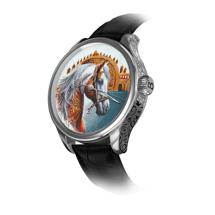 A hand-painted watch by B360 Watch featuring an Andalusian horse on the dial. The watch face showcases intricate details of the horse's flowing mane and expressive eyes, set against the iconic arches of the Alhambra and the Mezquita of Cordoba