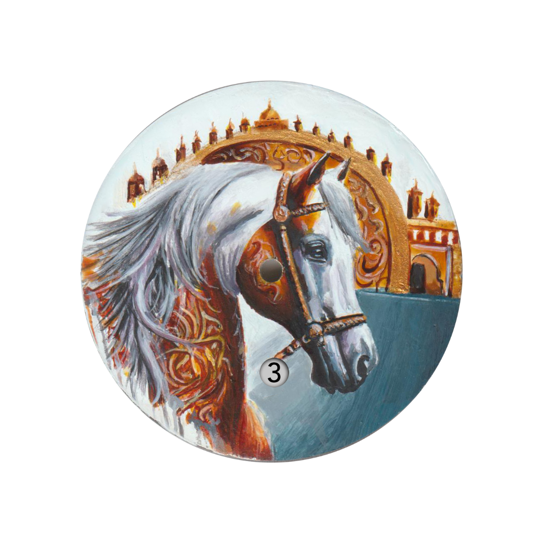 A hand-painted watch by B360 Watch featuring an Andalusian horse on the dial. The watch face showcases intricate details of the horse's flowing mane and expressive eyes, set against the iconic arches of the Alhambra and the Mezquita of Cordoba