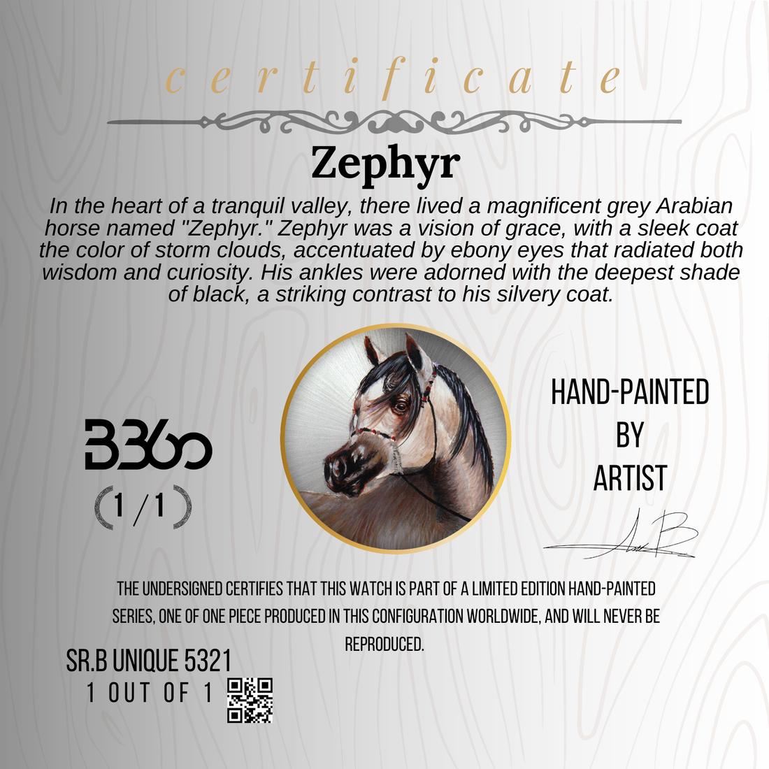 Hand-drawn B360 Arabian horse portrait named "Zephyr" with gray coat, black eyes, and ankle-black hair, part of a distinguished collection