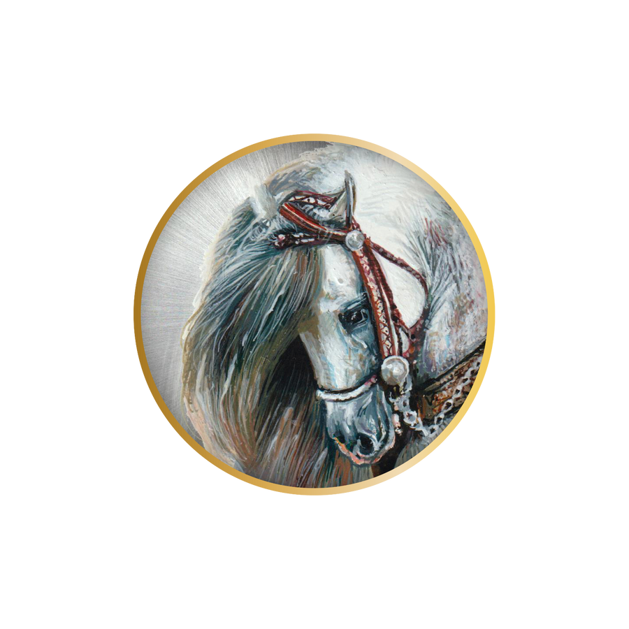 Hand-drawn B360 portrait of "Mistral," a white and gray Arabian horse, part of a distinguished collection, captured with intricate details
