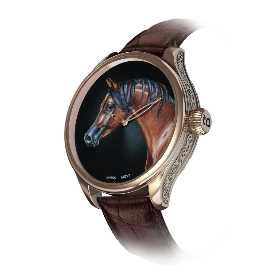 B360 hand painted A majestic Arabian brown horse with flowing black mane and tail, radiating strength and elegance."