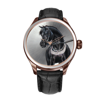  A luxurious B360 wristwatch with a hand-painted depiction of 'Ebon Majesty,' a full black Arabian horse, on the dial. The watch embodies elegance and strength, celebrating the harmonious bond between nature and artistry