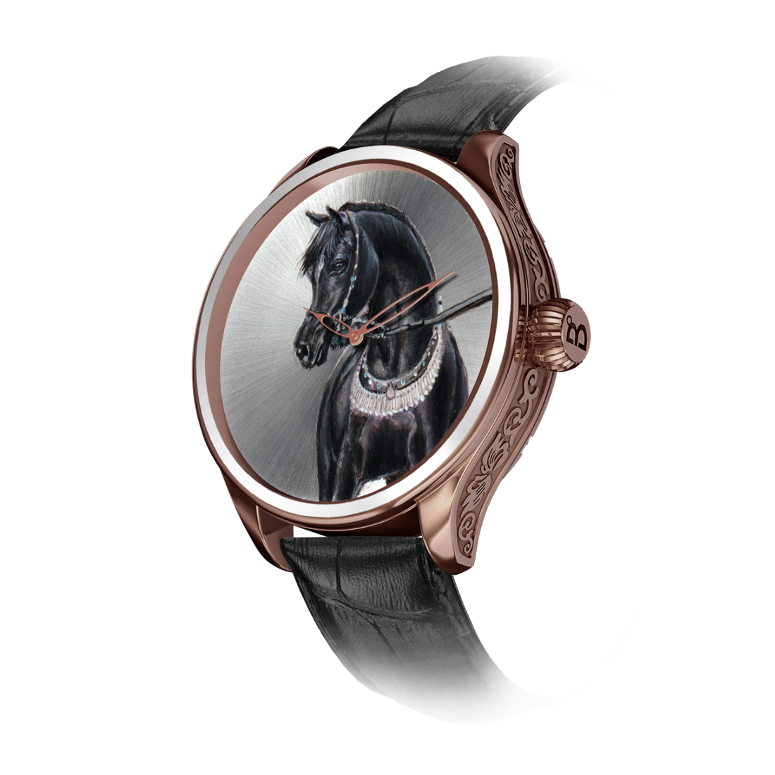  A luxurious B360 wristwatch with a hand-painted depiction of 'Ebon Majesty,' a full black Arabian horse, on the dial. The watch embodies elegance and strength, celebrating the harmonious bond between nature and artistry