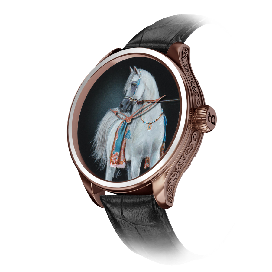 A luxurious B360 wristwatch featuring a hand-painted depiction of a white Arabian horse against a backdrop of vivid turquoise and rich red. The watch celebrates the elegance and purity of the horse, set amidst an enchanting desert-inspired setting, creating a captivating work of ar