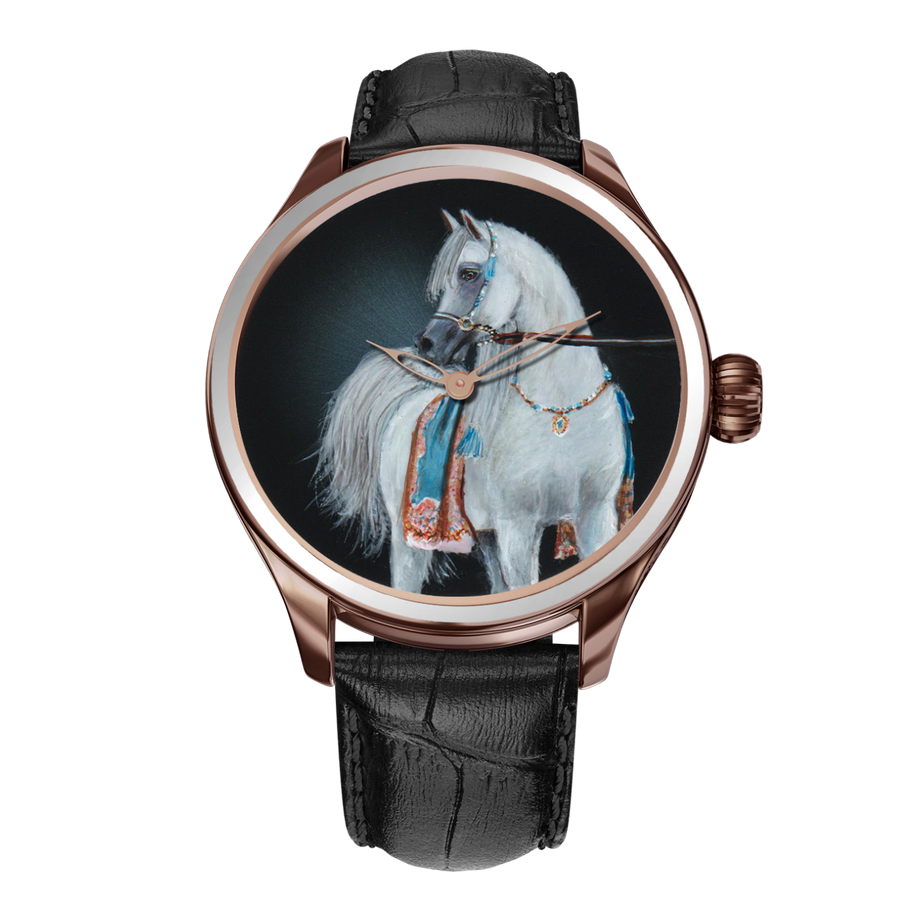 A luxurious B360 wristwatch featuring a hand-painted depiction of a white Arabian horse against a backdrop of vivid turquoise and rich red. The watch celebrates the elegance and purity of the horse, set amidst an enchanting desert-inspired setting, creating a captivating work of ar