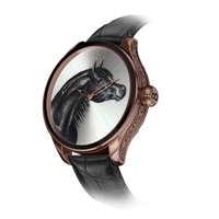  A luxurious B360 wristwatch with a hand-painted depiction of 'Al Adham,' a full black Arabian horse, on the dial. The watch embodies elegance and strength, celebrating the harmonious bond between nature and artistry."