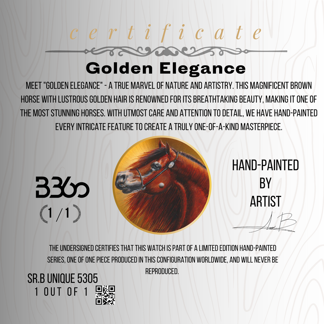 Discover the allure of 'Golden Elegance' - a B360 Watch featuring a hand-painted depiction of a breathtaking brown horse with lustrous golden hair on a yellow background. This unique timepiece captures the essence of nature's beauty and showcases unparalleled artistry, making it a true one-of-a-kind masterpiece