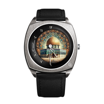 A limited-edition watch by @b360_watch featuring a vibrant dial with a 3D mosaic of the Dome of the Rock, highlighting bright colors and a mesmerizing glow around the dome. The watch symbolizes elegance and deep cultural heritage. Only 24 numbered pieces are available, and each purchase comes with a special gift: a book containing 48 stories from exile. The watch is designed to be worn with pride, carrying a historical piece of art that embodies lasting memories.