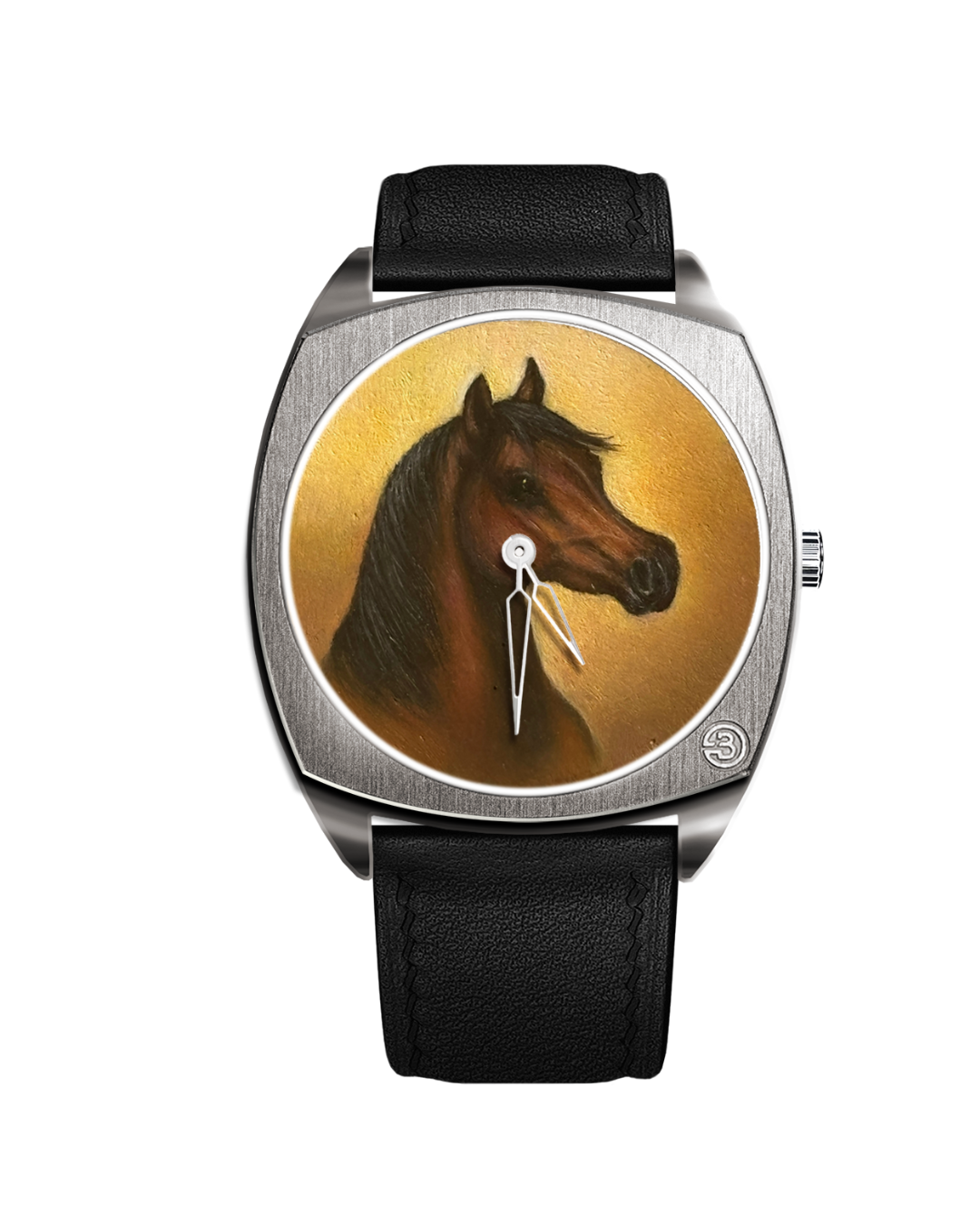 High‑resolution image of B360 Faris Al Murad The Only One watch featuring a hand‑painted deep chestnut Arabian stallion on a custom dial, in stainless steel case with Swiss quartz movement, 1/1 limited edition.