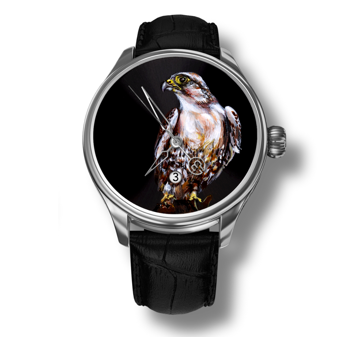 B360 Faris The Falcon watch with hand-painted falcon dial.