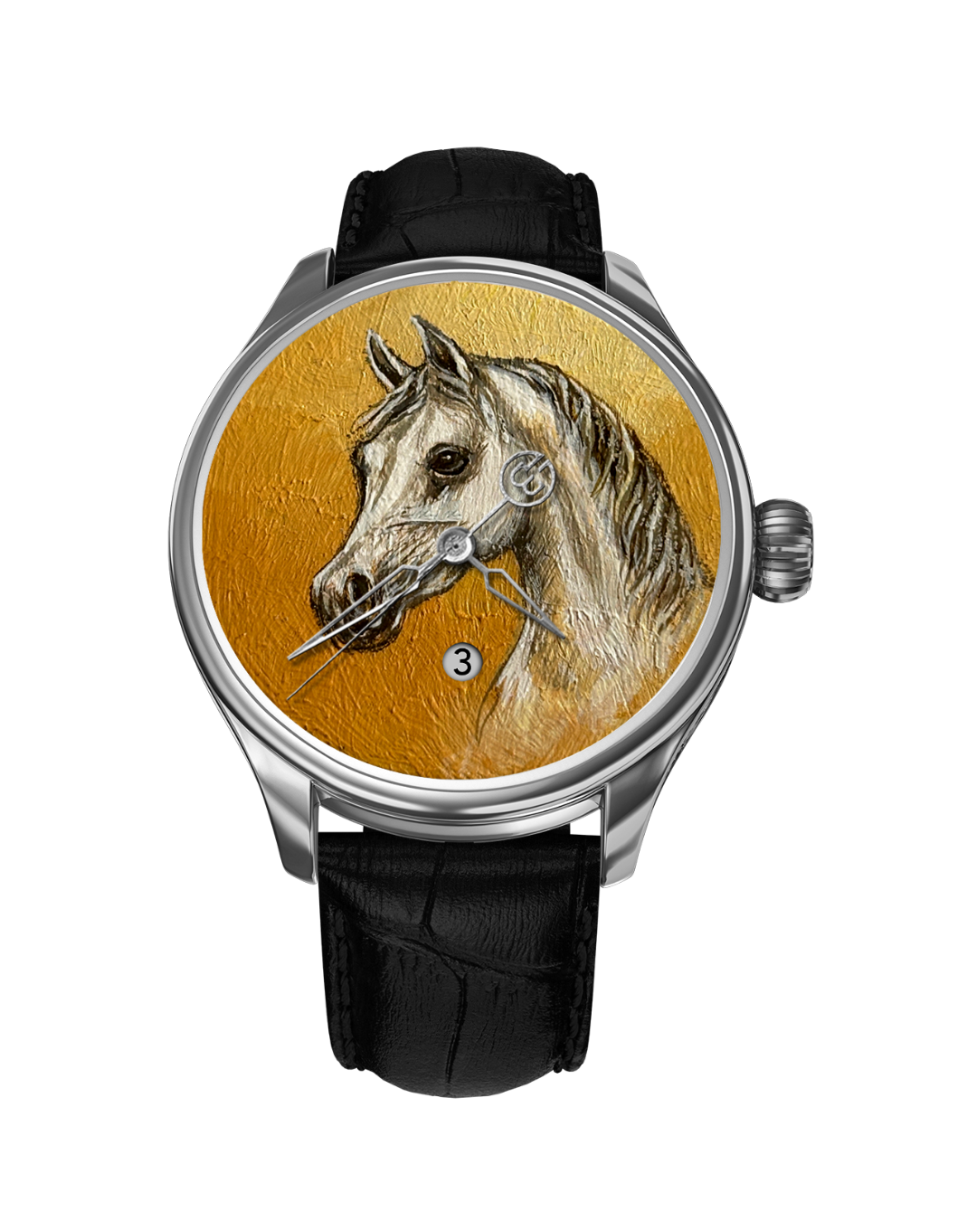 B360 Jawhar watch with white Arabian horse hand-painted dial