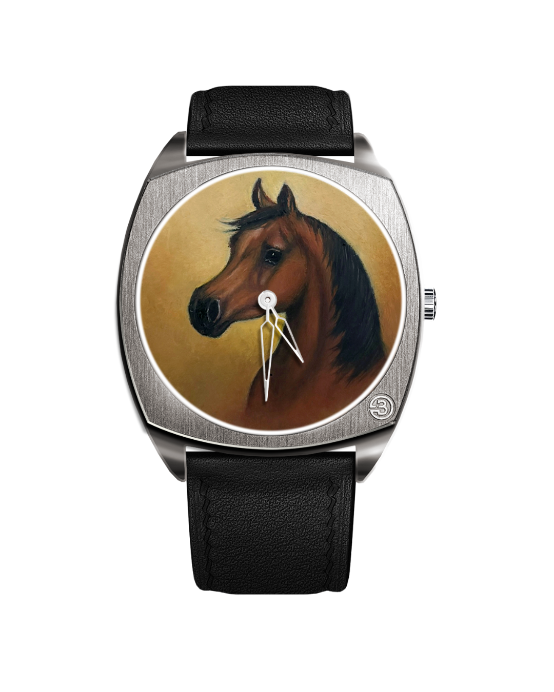 High-resolution image of B360 Ru’ya Al Murad The Only One watch showcasing a hand-painted Arabian stallion on a custom dial, stainless steel case, and Swiss quartz movement 1/1 limited edition.