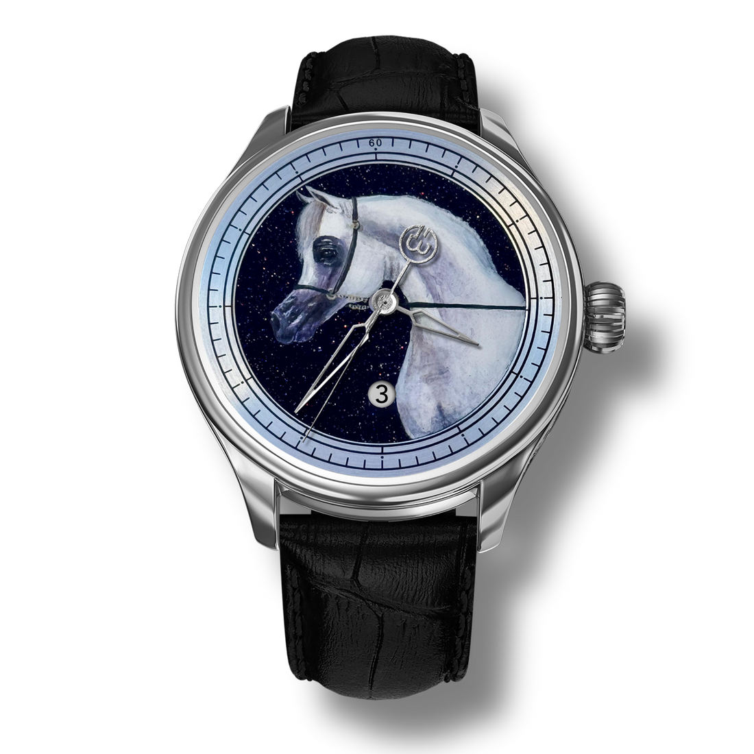 High-resolution image of B360 Star of Nobility The Only One watch featuring a hand-painted white Arabian horse set against a midnight‑blue starfield dial, housed in a stainless steel case with Swiss automatic movement, 1/1 edition.