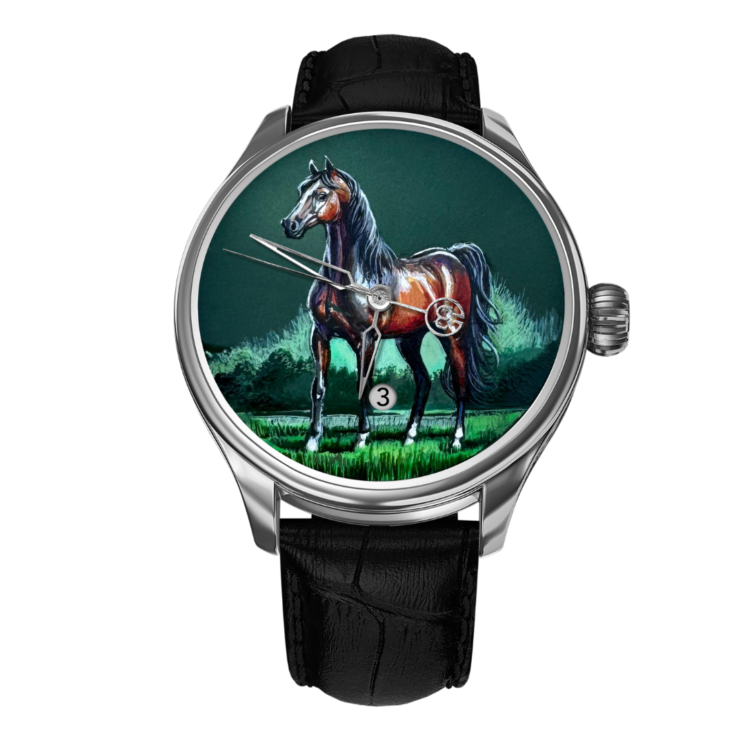 High‑resolution image of B360 Saifan The Only One watch featuring a hand‑painted majestic Arabian stallion on the dial, in a 41 mm stainless steel case with Swiss automatic movement, one‑of‑a‑kind 1/1 limited edition.