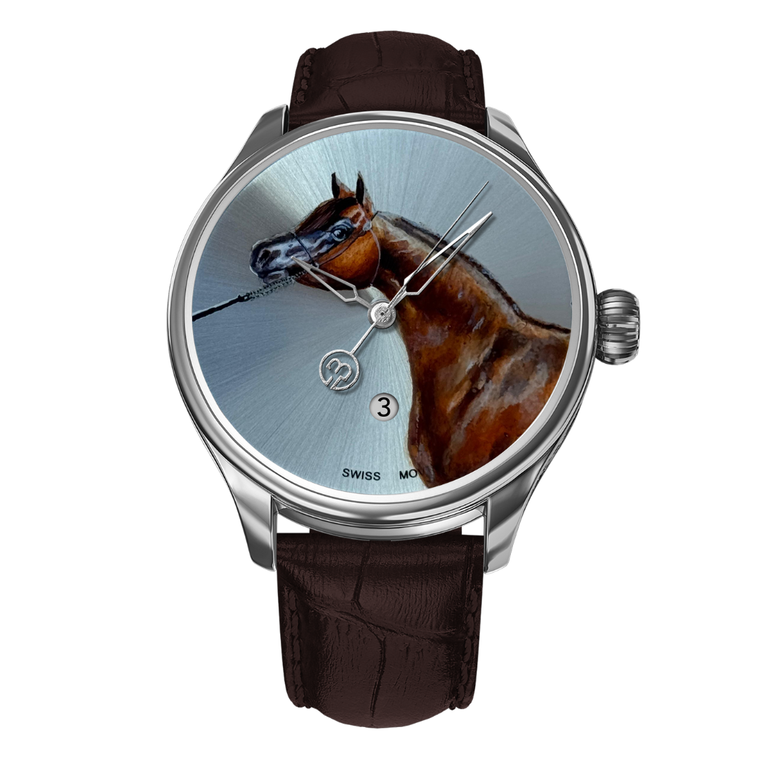 B360 Najm Al Sahel The Only One 1/1 art watch with hand-painted Arabian horse on B360 Sunray dial, housed in a 316L stainless steel case with SW200-1 automatic Swiss movement.