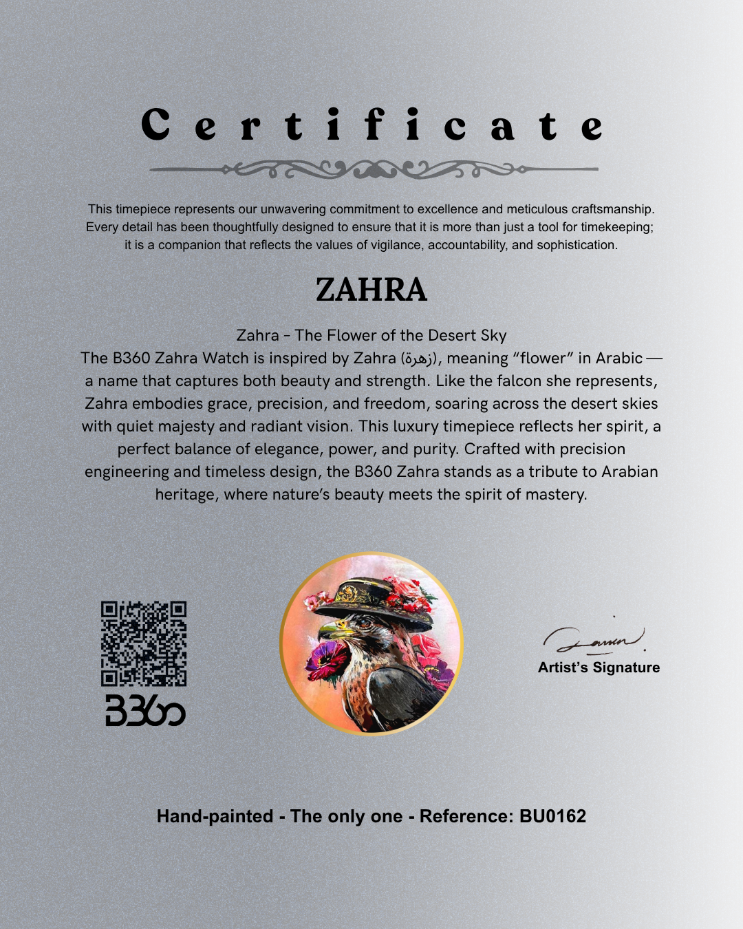 Hand Painted Falcon - Zahra - The Only One - Ref: BU-S0162