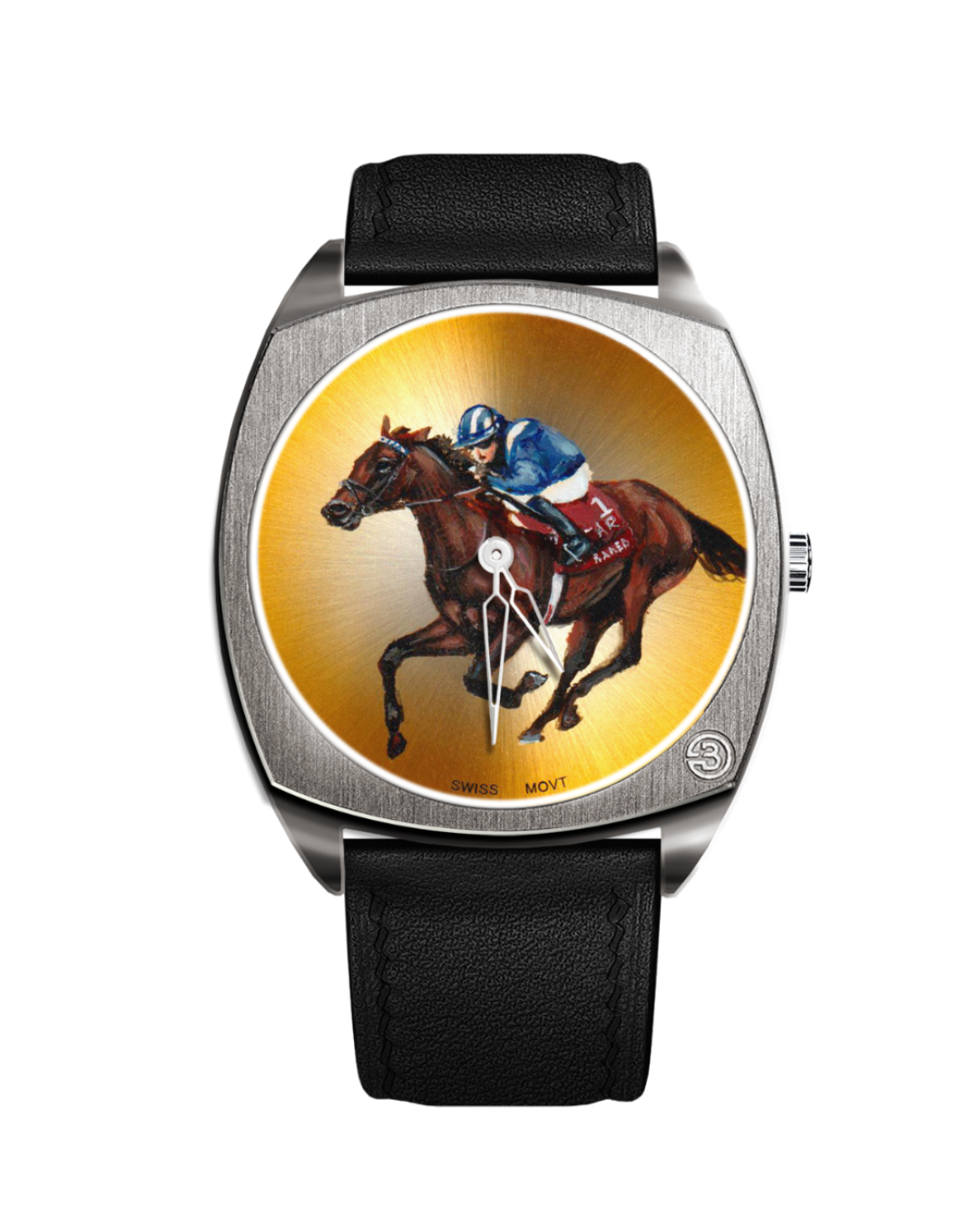 B360 The Racer “The Only One” watch featuring a hand-painted horse and rider on a gold sunray dial.