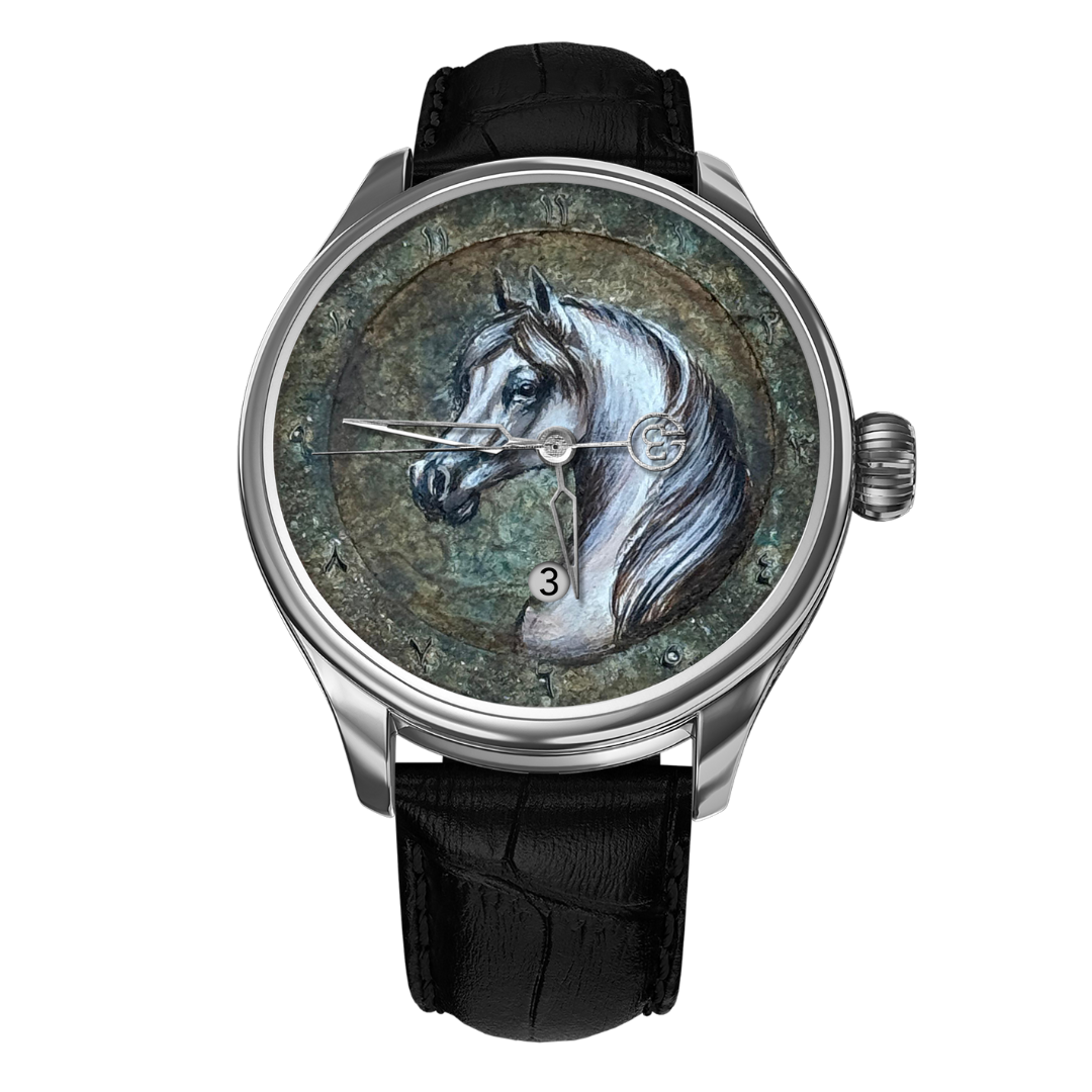 Hand-Painted Al-Abiya – The Only One, Reference 24450. A Unique B360 Watch Featuring an Exquisite Artistic Depiction of Al-Abiya, the Majestic White Arabian Horse, Symbolizing Purity, Strength, and Timeless Elegance.