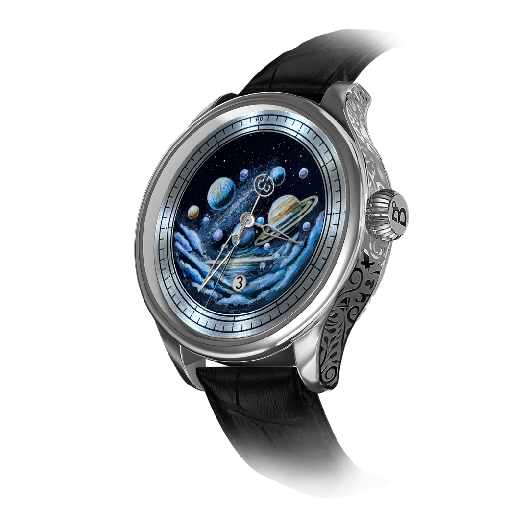 The design shines with artistic touches that highlight the beauty of stars and the harmony of planets, making the watch more than just a timekeeping tool but a masterpiece that reflects the enchantment and mystery of the cosmos.