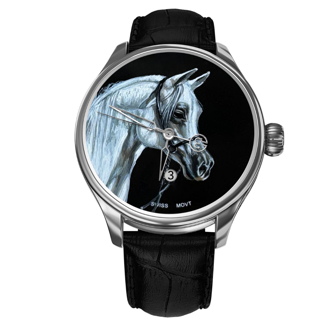 Hand-Painted Al-Ashhab – The Only One, Reference 24466. A Unique B360 Watch Featuring an Exquisite Artistic Depiction of the Noble White Arabian Horse, Symbolizing Purity, Strength, and Timeless Elegance.