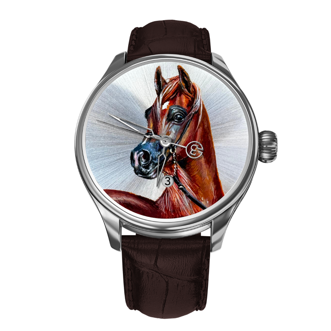 Hand-Painted Rimah – The Only One, Reference 24465. A Unique B360 Watch Featuring an Exquisite Artistic Depiction of Rimah, the Majestic Arabian Horse, Symbolizing Speed, Strength, and Timeless Beauty.