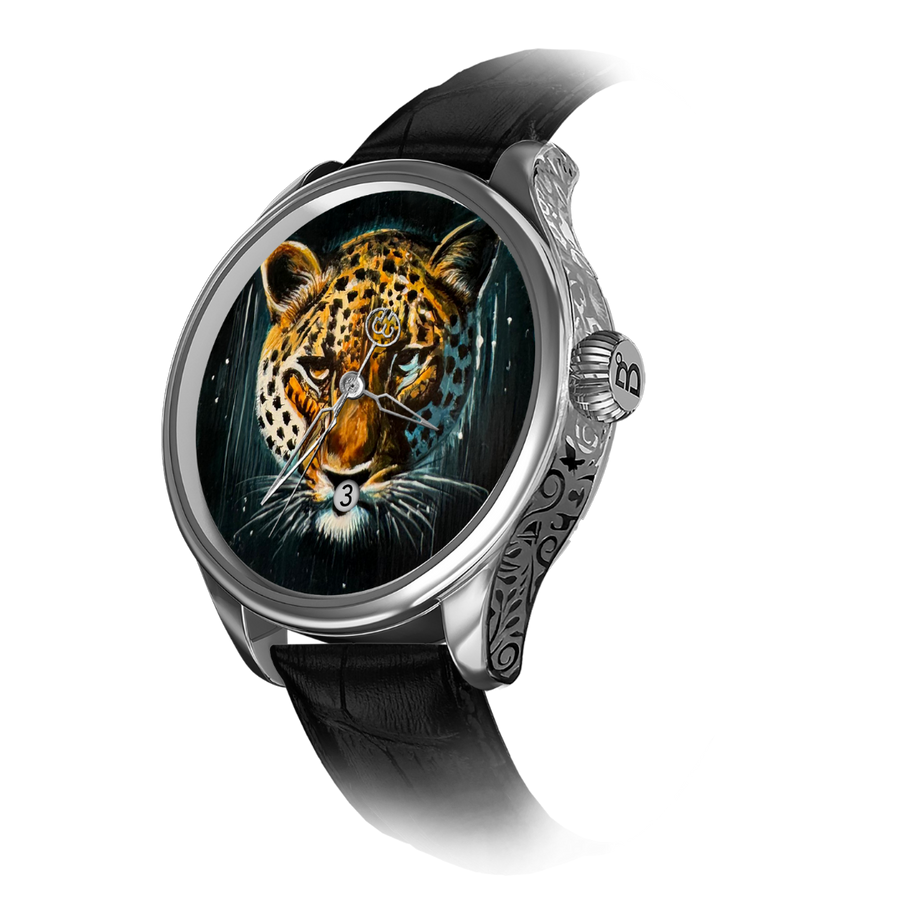 A collection of hand-painted watches from B360, each featuring a unique design. The dials showcase expert brush and color techniques, depicting mythical creatures and ancient symbols. These one-of-a-kind designs reflect the individuality and personality of their wearer.