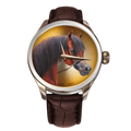 A luxurious B360 watch featuring a hand-painted depiction of a brown, golden, and black-haired Arabian horse on the dial. The elegant horse showcases its distinctive dished face, large wide-set eyes, and an arched tail, embodying grace and athleticism. This exquisite timepiece captures the timeless allure of the Arabian breed, symbolizing the harmonious bond between humans and horses.