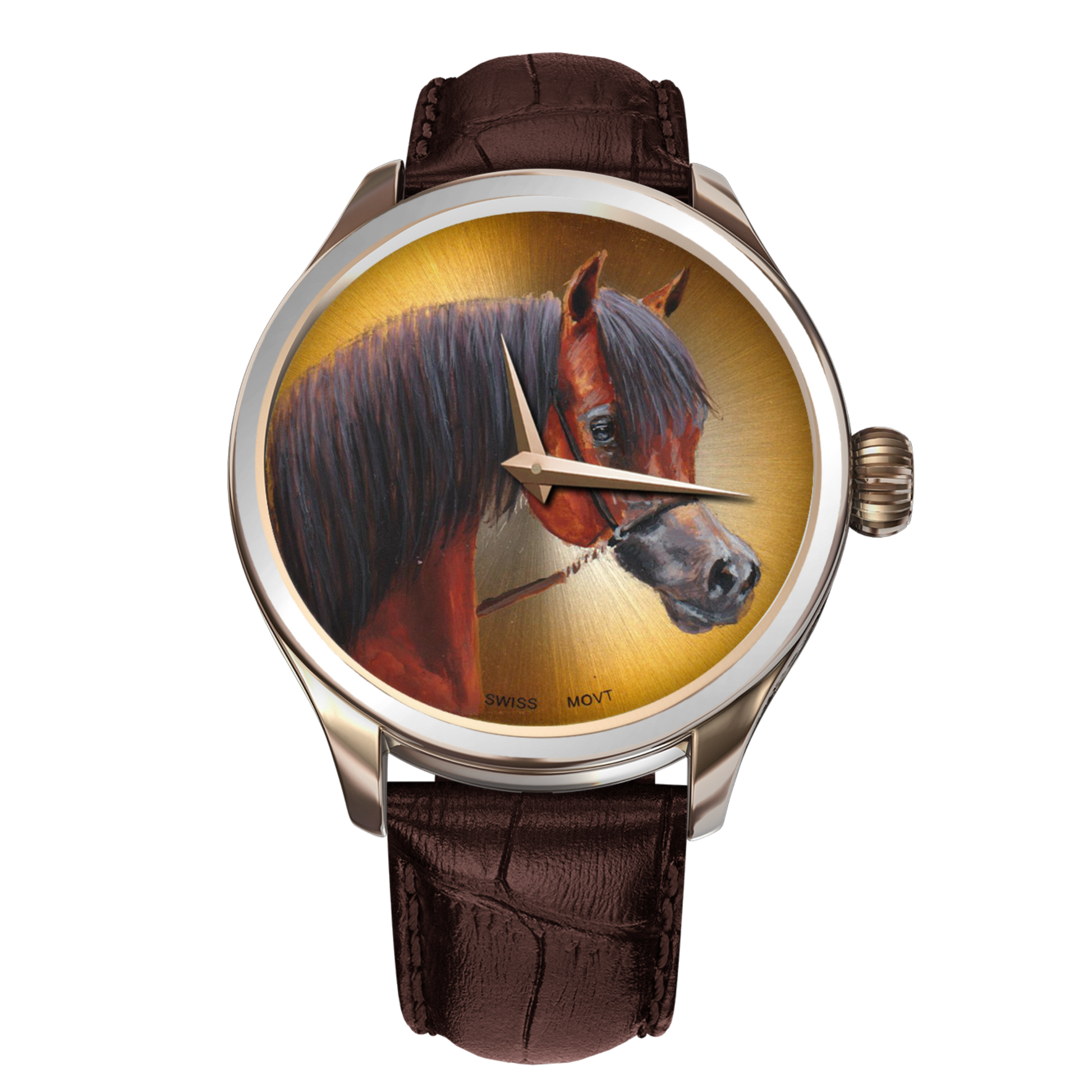 A luxurious B360 watch featuring a hand-painted depiction of a brown, golden, and black-haired Arabian horse on the dial. The elegant horse showcases its distinctive dished face, large wide-set eyes, and an arched tail, embodying grace and athleticism. This exquisite timepiece captures the timeless allure of the Arabian breed, symbolizing the harmonious bond between humans and horses.