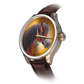 A luxurious B360 watch featuring a hand-painted depiction of a brown, golden, and black-haired Arabian horse on the dial. The elegant horse showcases its distinctive dished face, large wide-set eyes, and an arched tail, embodying grace and athleticism. This exquisite timepiece captures the timeless allure of the Arabian breed, symbolizing the harmonious bond between humans and horses.