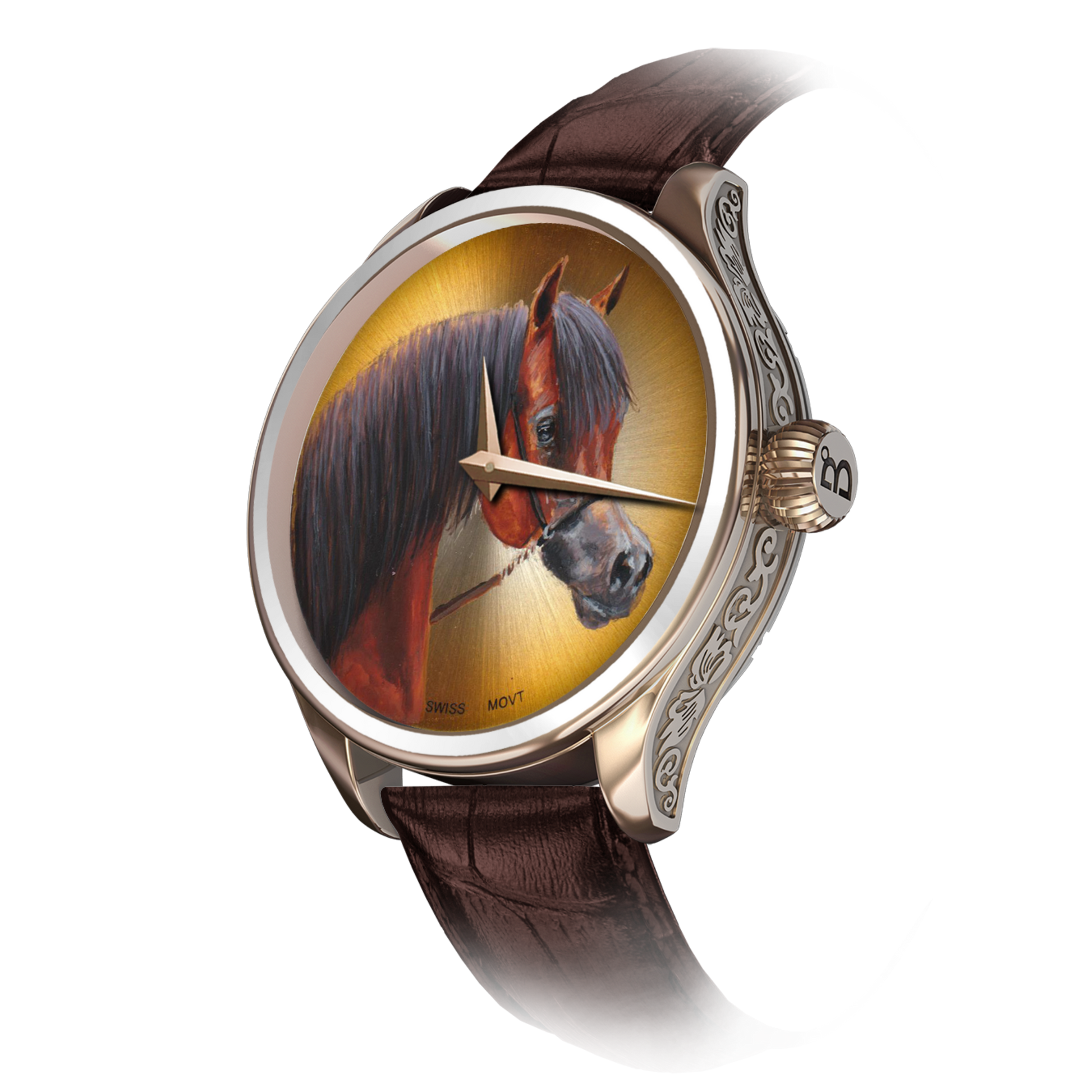 A luxurious B360 watch featuring a hand-painted depiction of a brown, golden, and black-haired Arabian horse on the dial. The elegant horse showcases its distinctive dished face, large wide-set eyes, and an arched tail, embodying grace and athleticism. This exquisite timepiece captures the timeless allure of the Arabian breed, symbolizing the harmonious bond between humans and horses.