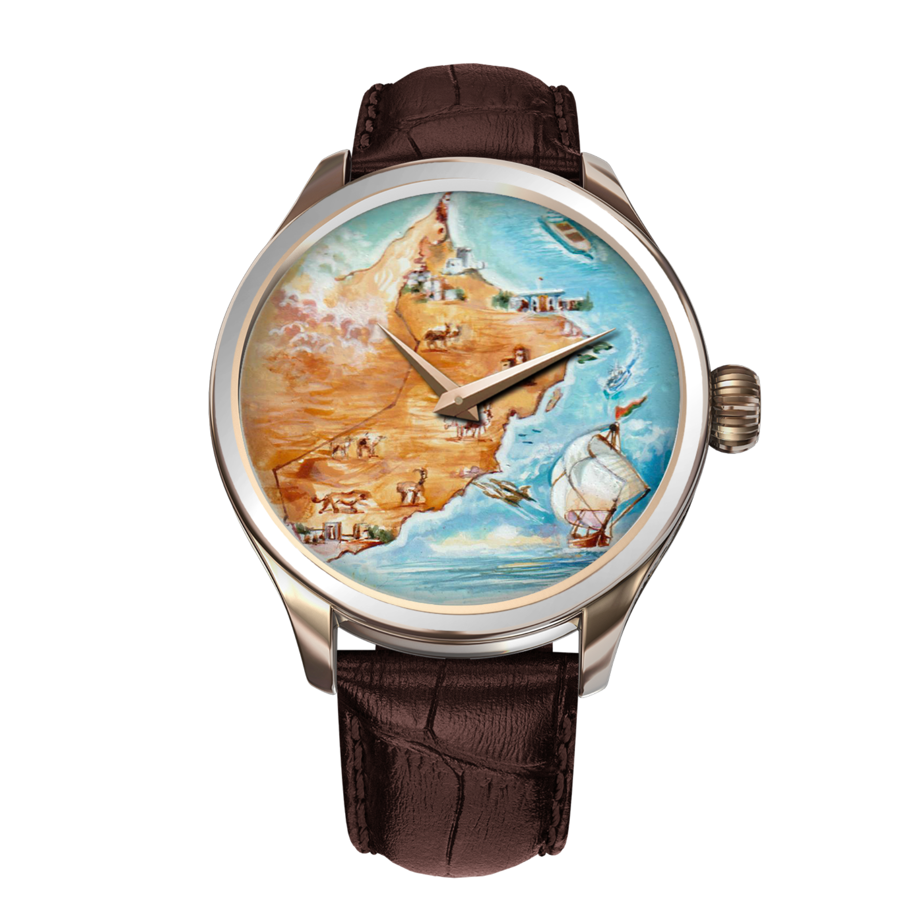 Hand-painted Omani cultural B360 watch with intricate details, showcasing iconic landmarks, Arabian horses, oryx, camels, and marine life.