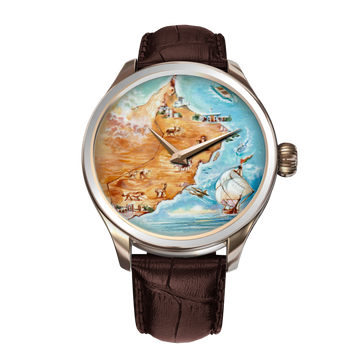 Hand-painted Omani cultural B360 watch with intricate details, showcasing iconic landmarks, Arabian horses, oryx, camels, and marine life.