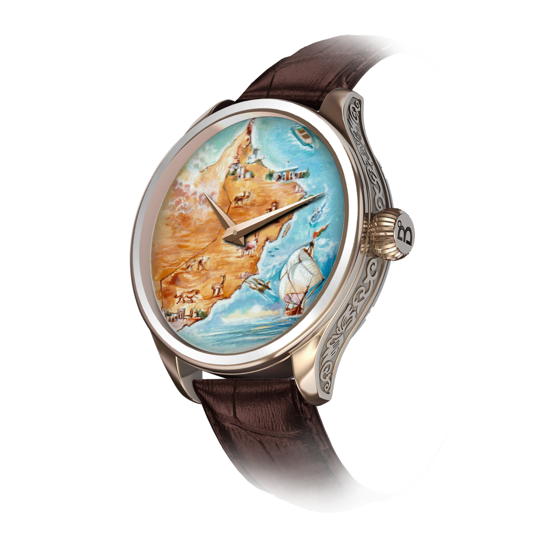 Hand-painted Omani cultural B360 watch with intricate details, showcasing iconic landmarks, Arabian horses, oryx, camels, and marine life.